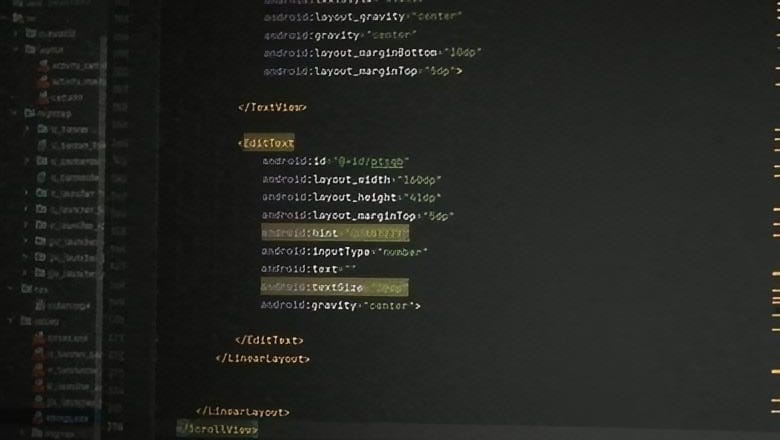 Android Studio with the XML layout of one of the apps open, a text field and its attributes highlighted