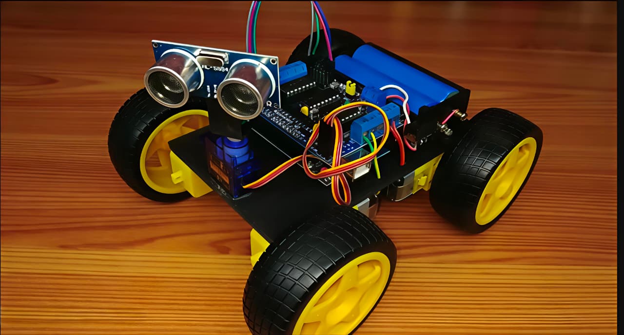 The obstacle-avoiding car: a four-wheeled Arduino chassis with an ultrasonic sensor on a servo at the front, a motor driver board and a battery pack